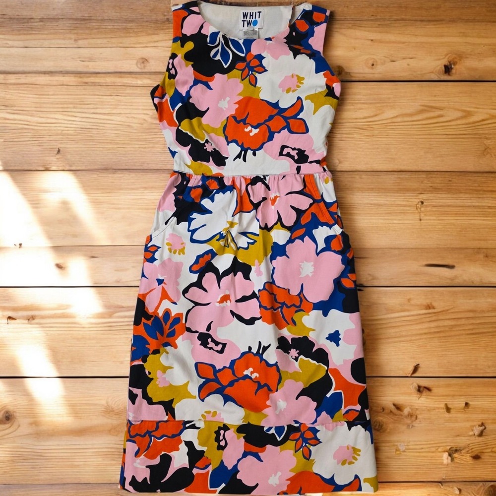 Anthropologie Whit Two Dress Womens SZ 0 Petal Print Cross-back Midi Shift EUC